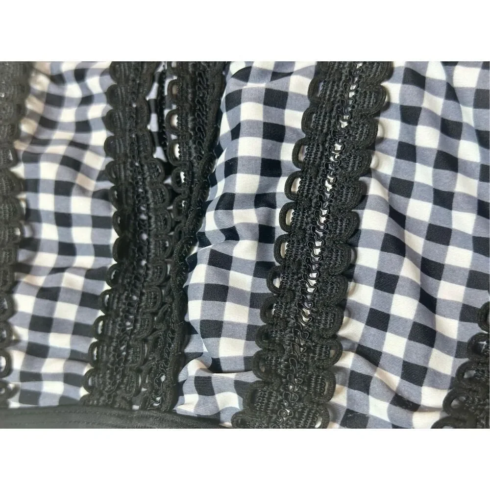 Betsey Johnson size L swim bikini top Gingham black/ white